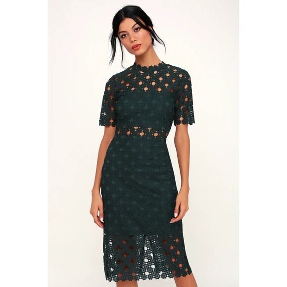 Lulus Women's Heartfelt Dark Teal Green Lace Bodycon Midi Dress Size Small - Picture 1 of 10